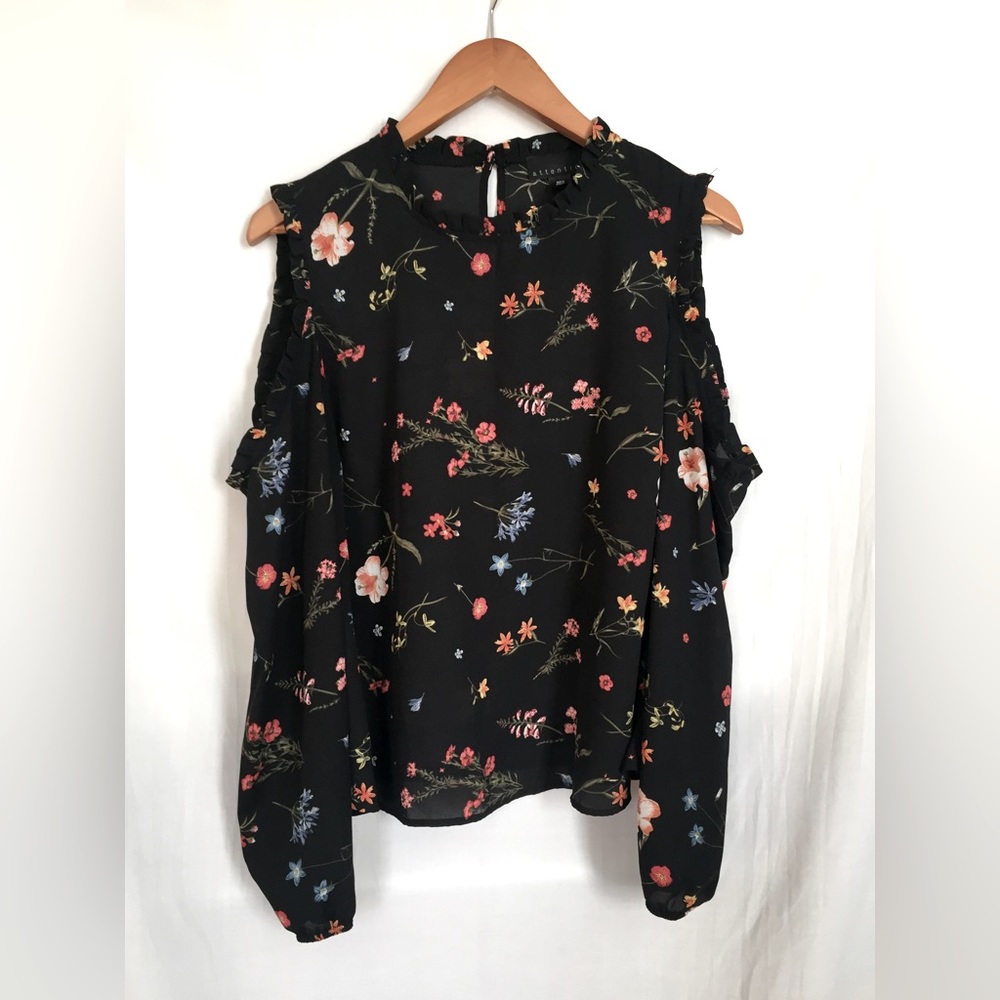 Attention shirt. Size Medium. Black and floral.